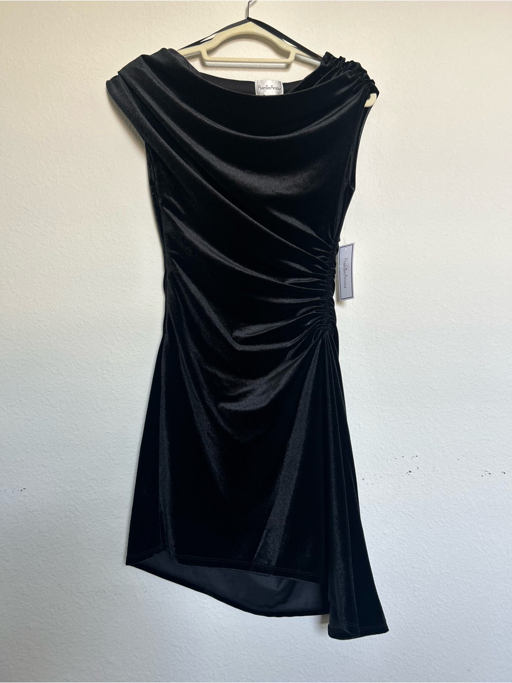 Premier Amour Black Velvet Asymmetrical Ruched Dress